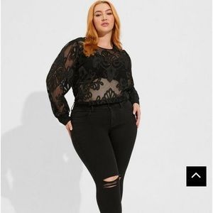Torrid Black Mesh With Embroidery Long Sleeve Blouse